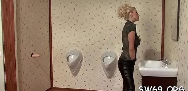  Seductive girl sucking dong at gloryhole gets slime shower